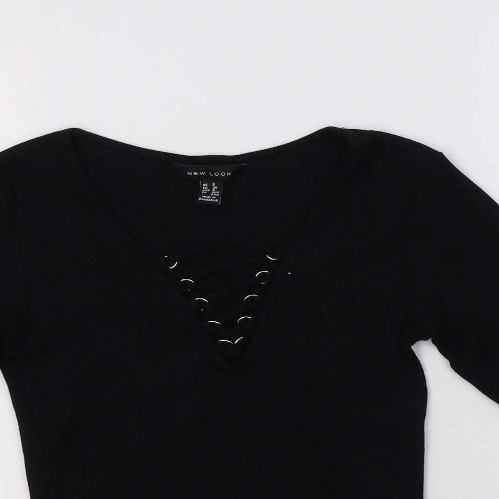 New Look Womens Black  Cotton Basic T-Shirt Size 8 V-Neck