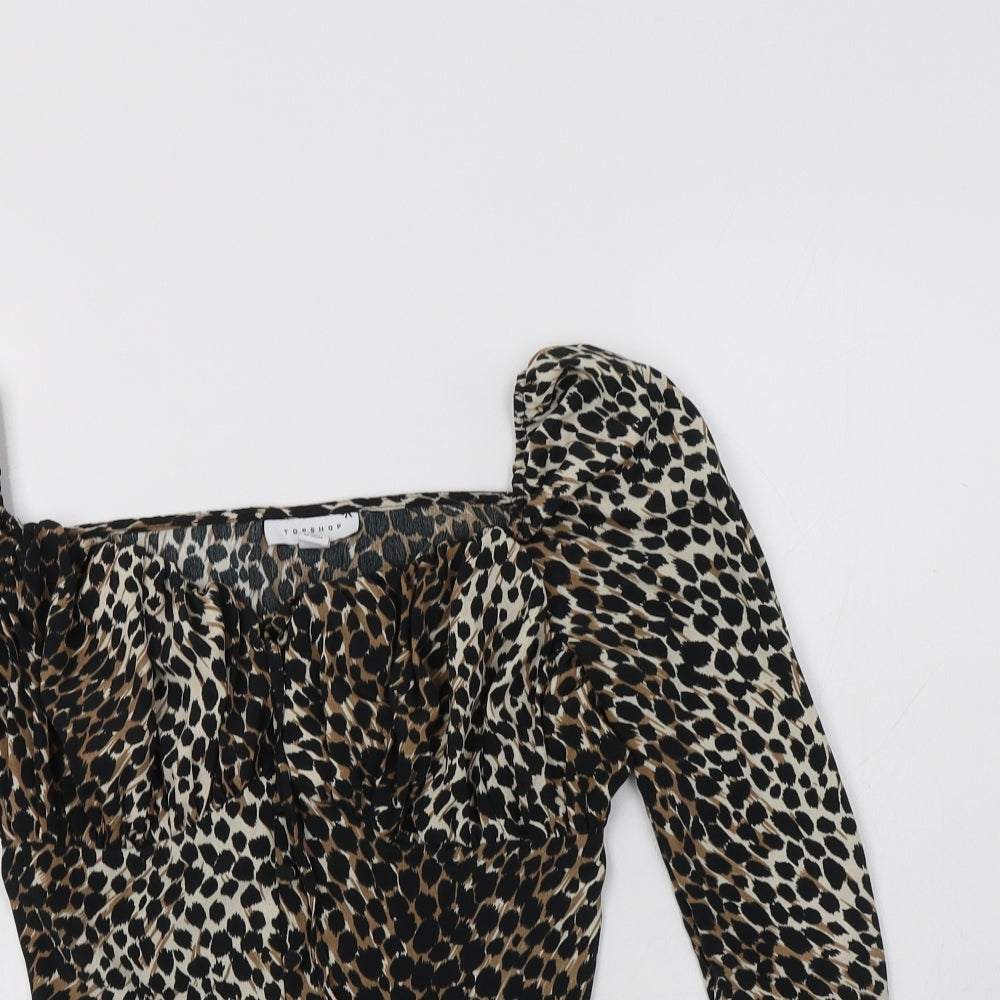 Topshop Womens Brown Animal Print Polyester Basic Blouse Size 10 Square Neck