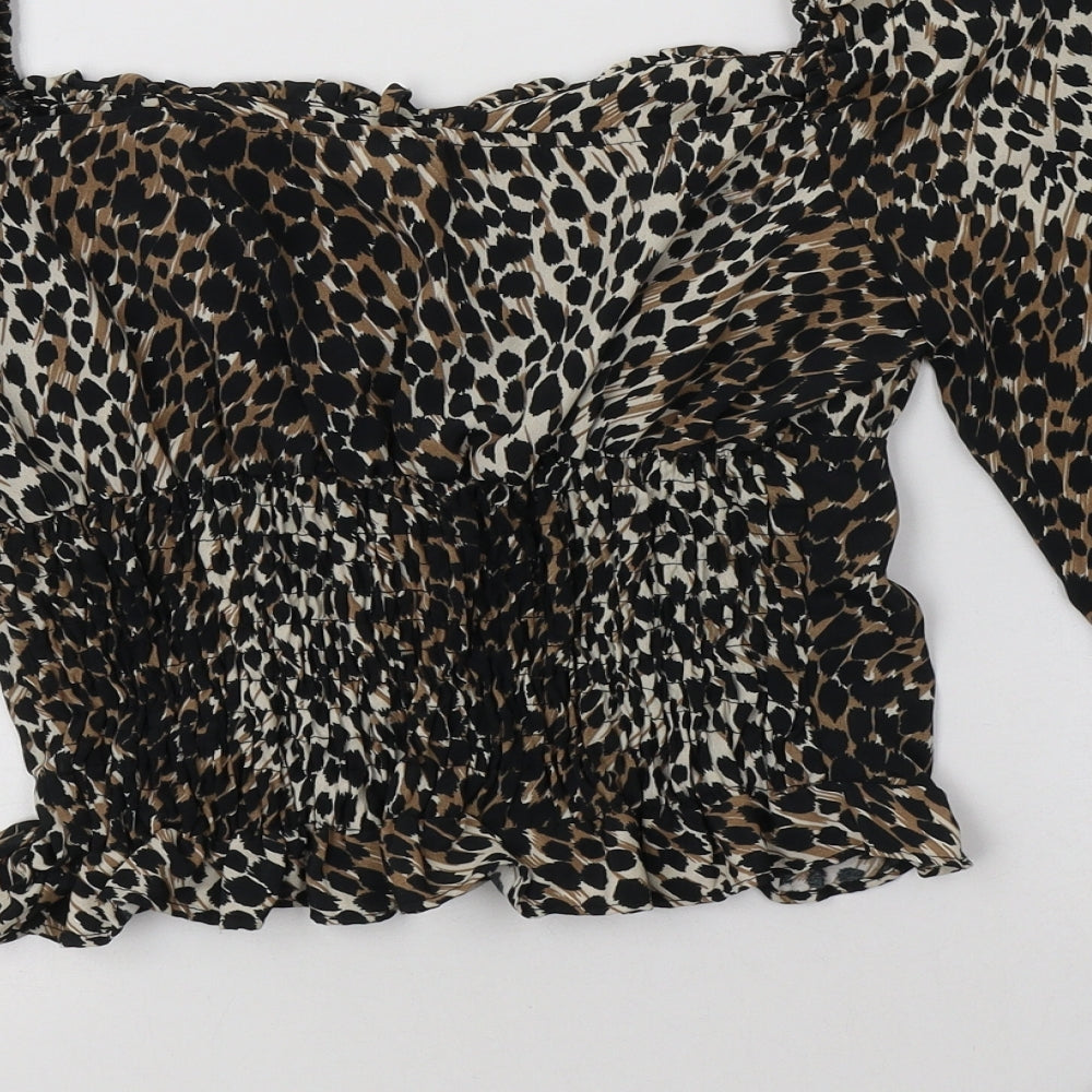 Topshop Womens Brown Animal Print Polyester Basic Blouse Size 10 Square Neck