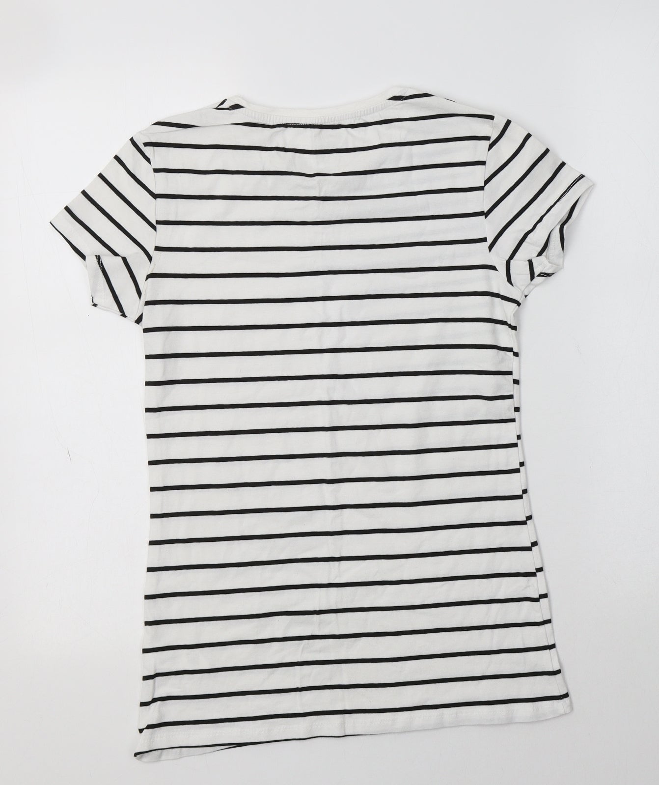 Primark Womens White Striped Cotton Basic T-Shirt Size 10 Crew Neck