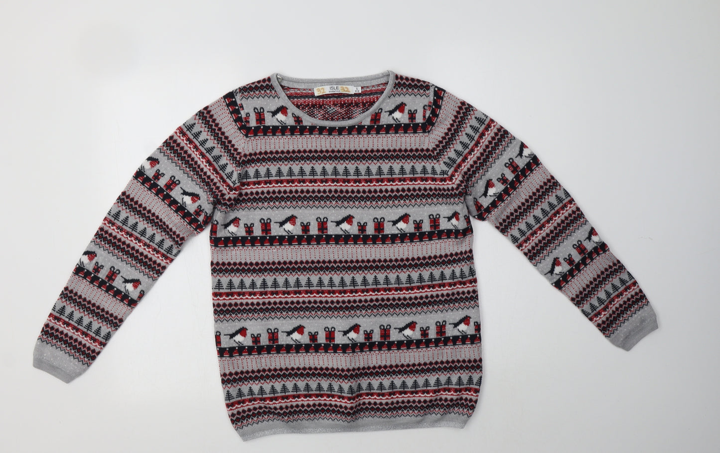 Isle Womens Grey Crew Neck Fair Isle Acrylic Pullover Jumper Size 12