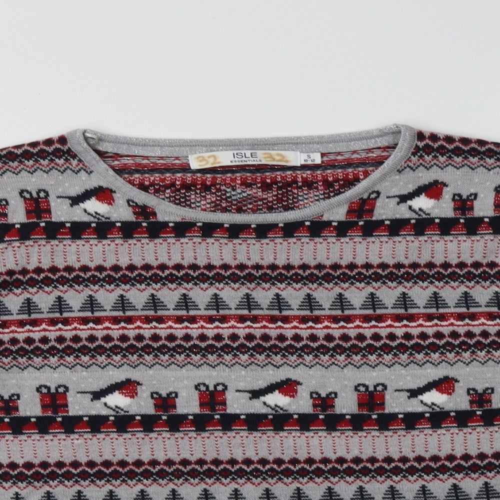 Isle Womens Grey Crew Neck Fair Isle Acrylic Pullover Jumper Size 12