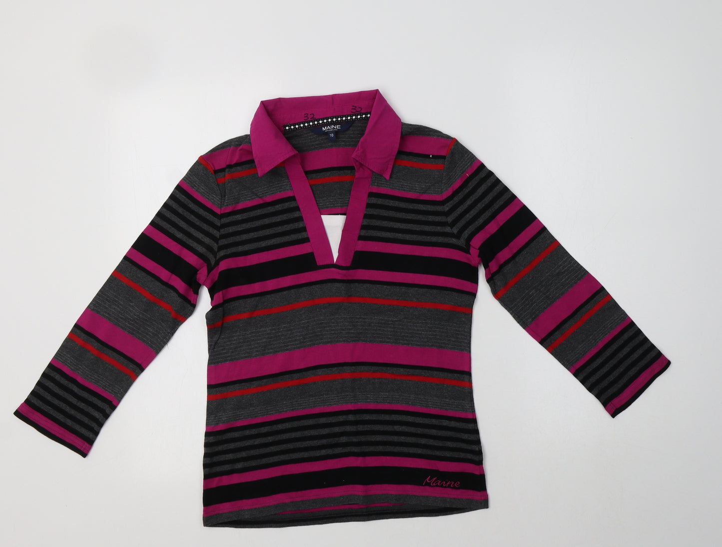 Maine New England Womens Multicoloured Striped Cotton Basic T-Shirt Size 10 Collared