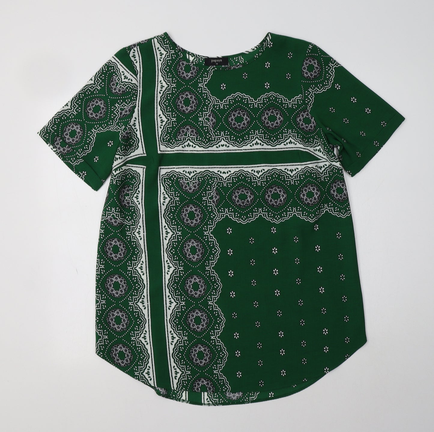 Papaya Womens Green Paisley Polyester Tunic Blouse Size 12 Round Neck