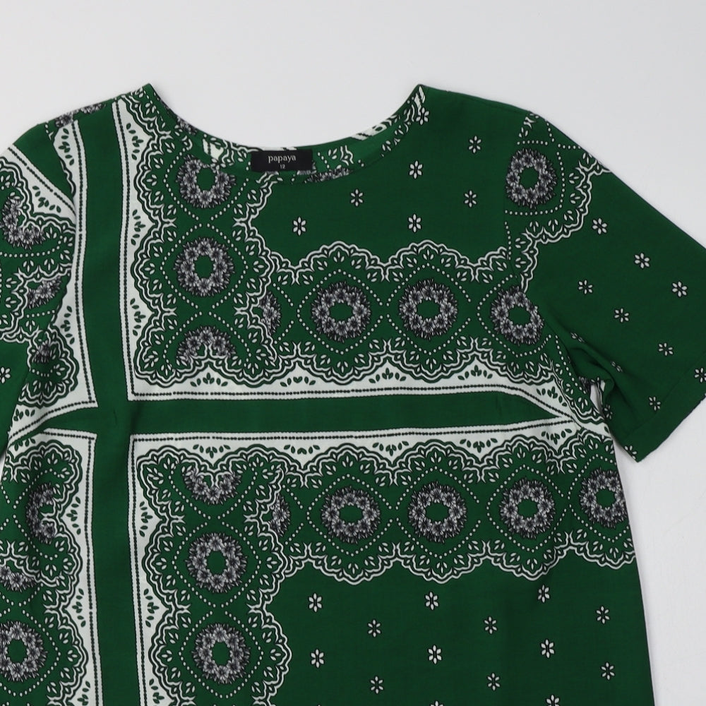 Papaya Womens Green Paisley Polyester Tunic Blouse Size 12 Round Neck