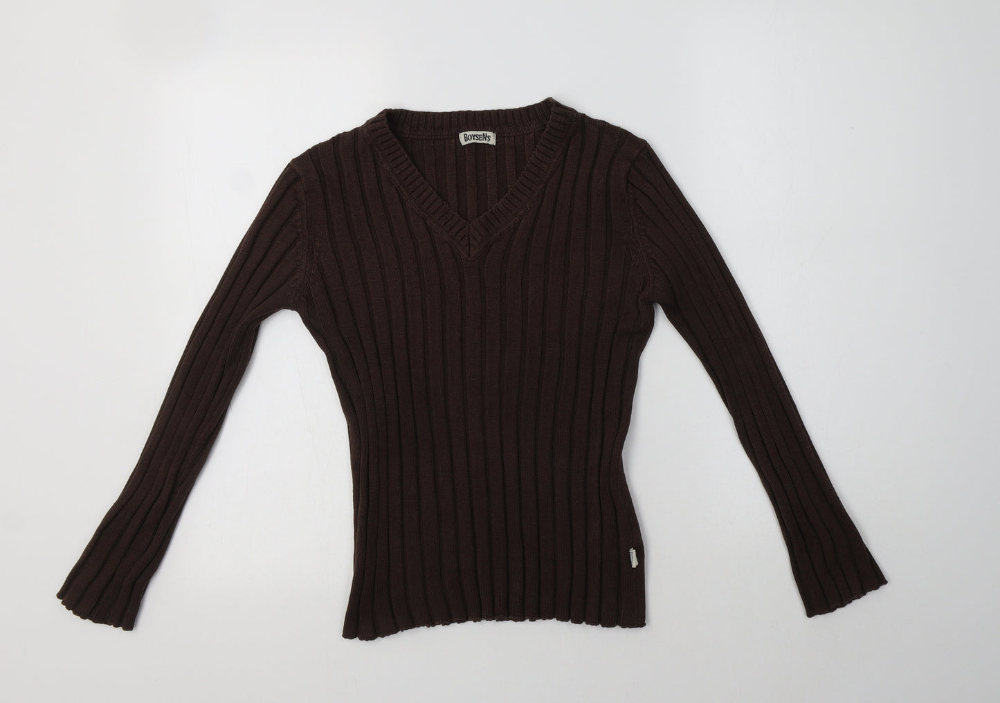 Boysen's Womens Brown V-Neck  Cotton Pullover Jumper Size 12