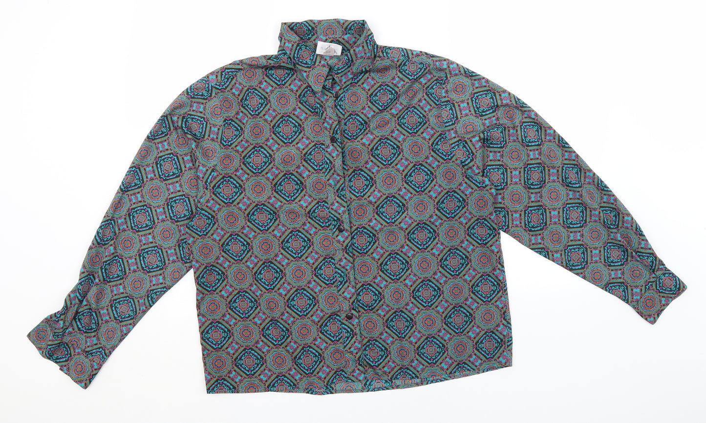 Preworn Womens Green Paisley Polyester Basic Button-Up Size 14 Collared