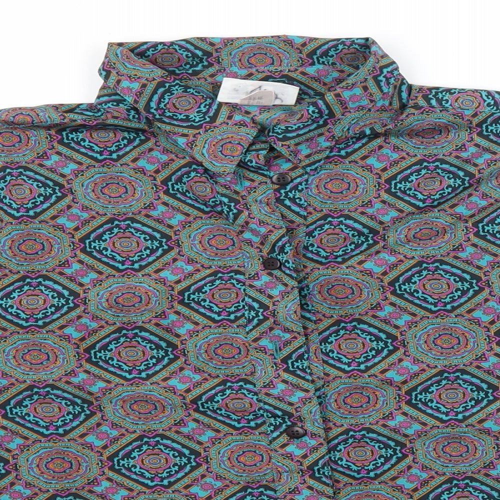Preworn Womens Green Paisley Polyester Basic Button-Up Size 14 Collared