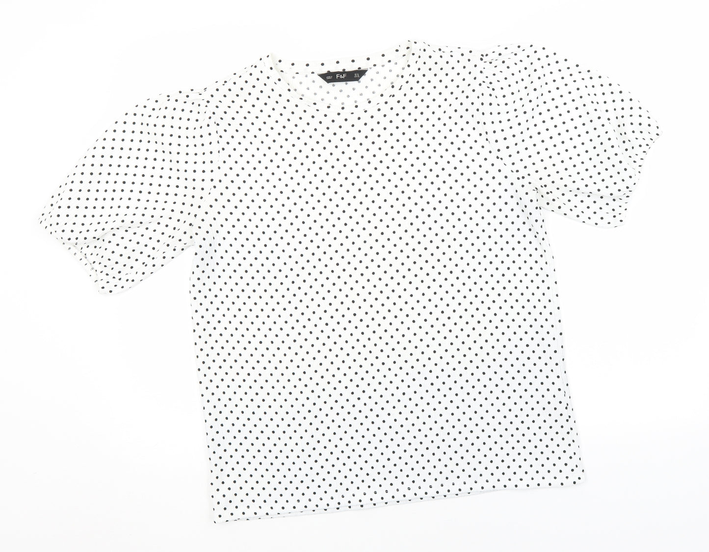 F&F Womens White Polka Dot Polyester Basic T-Shirt Size 14 Round Neck