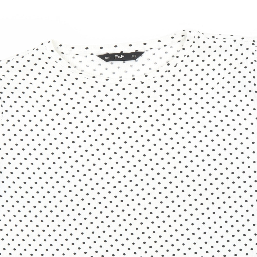 F&F Womens White Polka Dot Polyester Basic T-Shirt Size 14 Round Neck