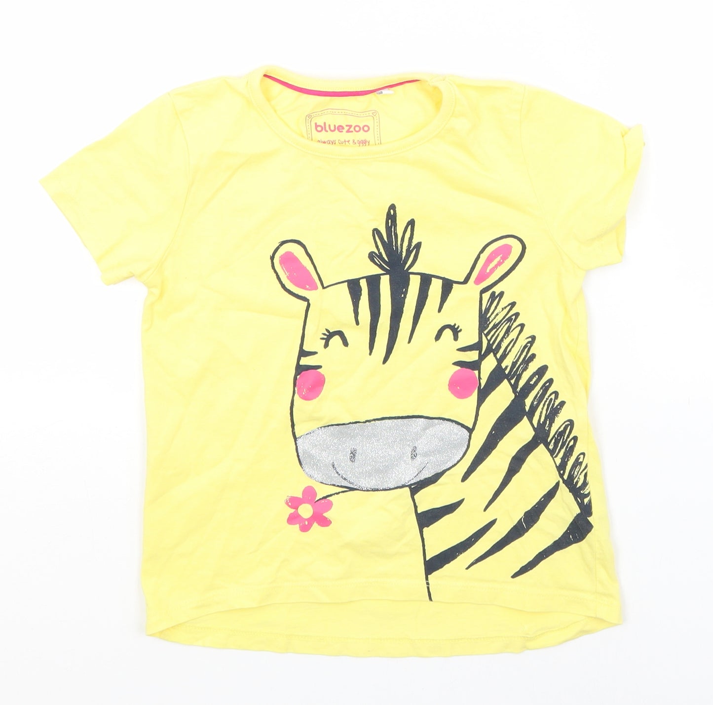 Blue Zoo Girls Yellow  Cotton Basic T-Shirt Size 5-6 Years Round Neck  - Zebra