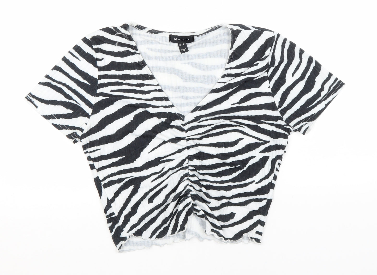 New Look Womens White Animal Print Polyester Basic T-Shirt Size 12 V-Neck