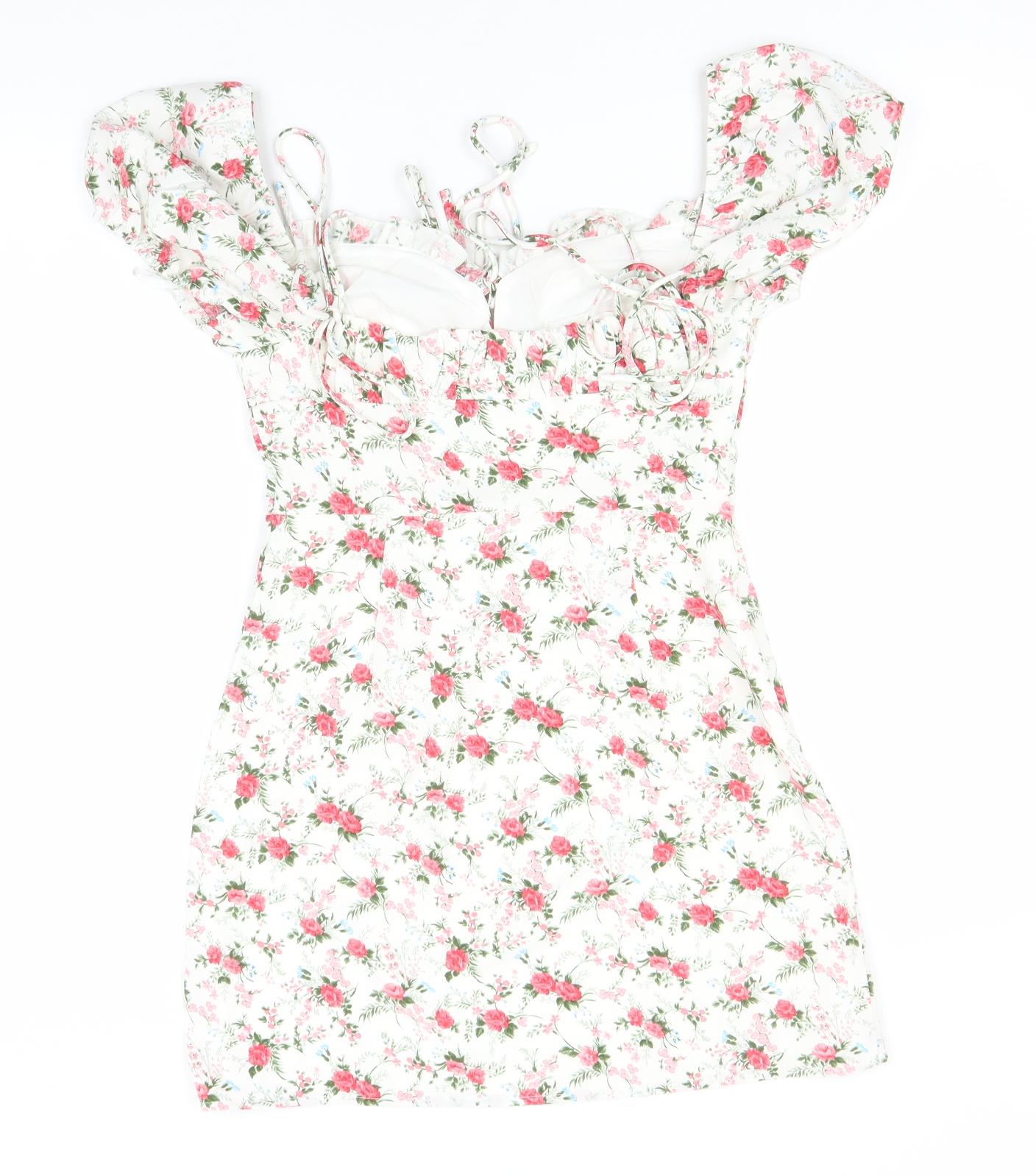 SheIn Womens White Floral Polyester A-Line  Size XS  Round Neck