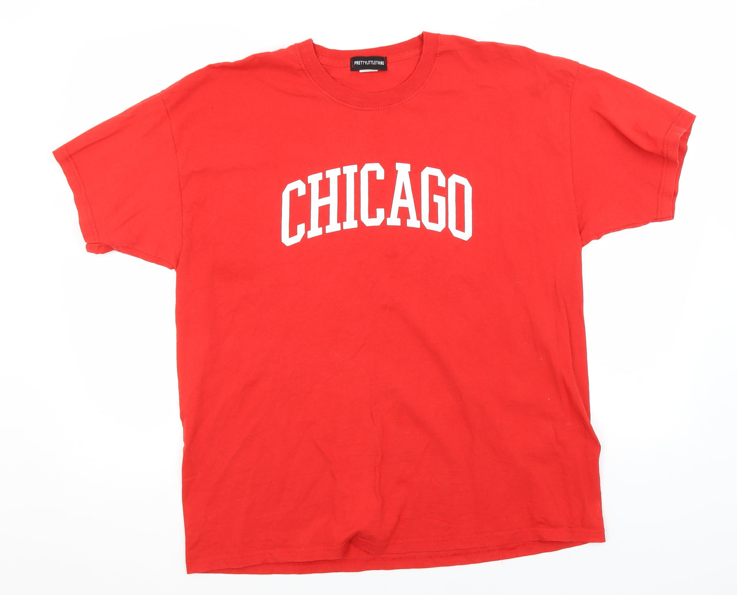 PRETTYLITTLETHING Womens Red  Cotton Basic T-Shirt Size L Round Neck - Chicago