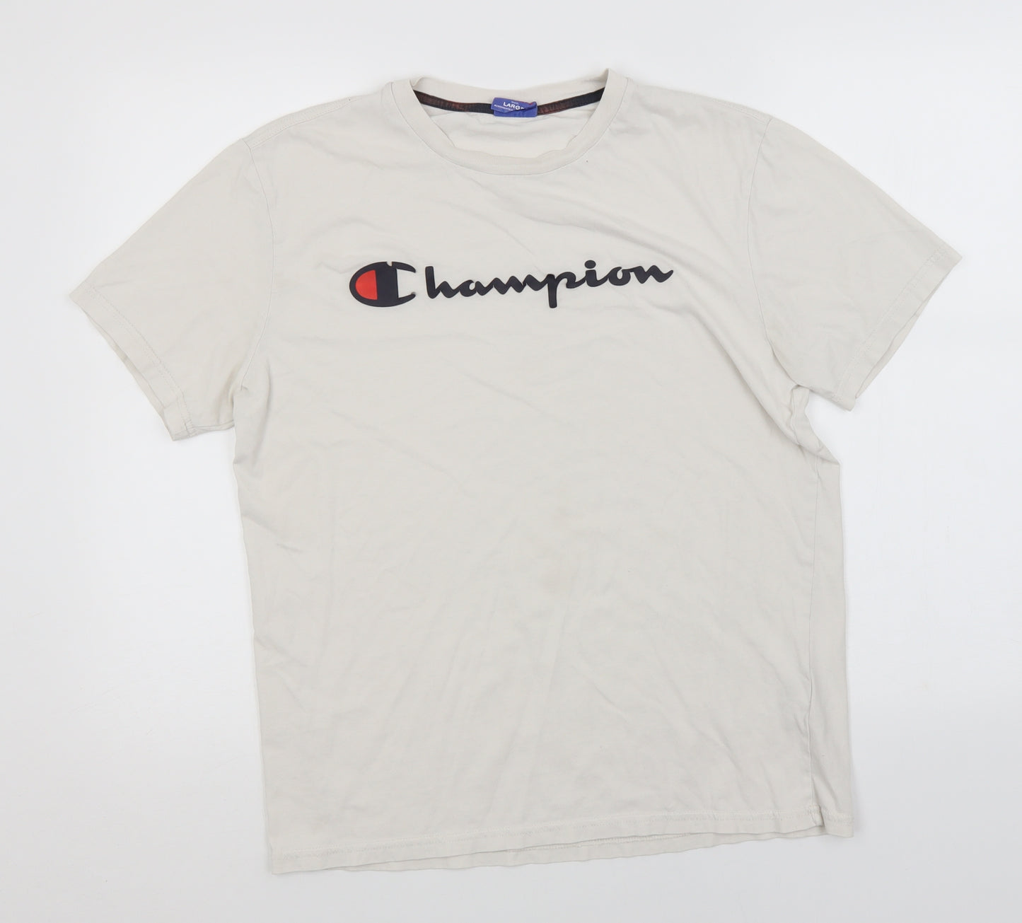 Champion Mens Ivory  Cotton  T-Shirt Size L Round Neck