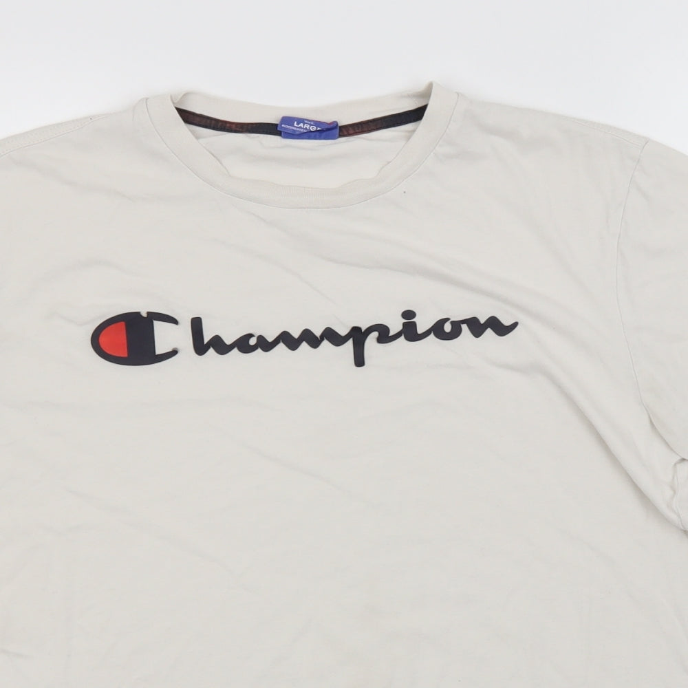 Champion Mens Ivory  Cotton  T-Shirt Size L Round Neck