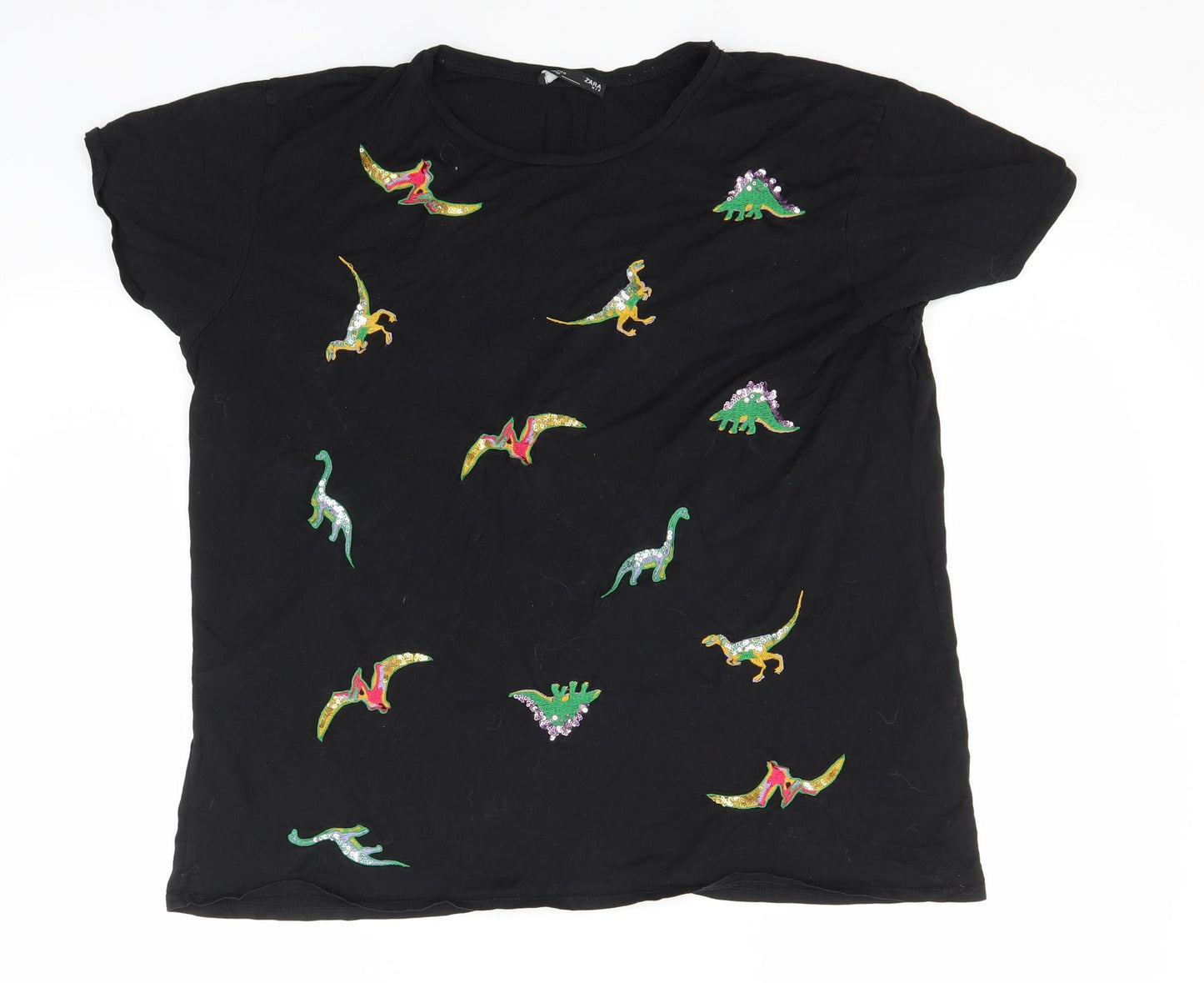 Zara Womens Black   Basic T-Shirt Size L Round Neck - Dinosaurs