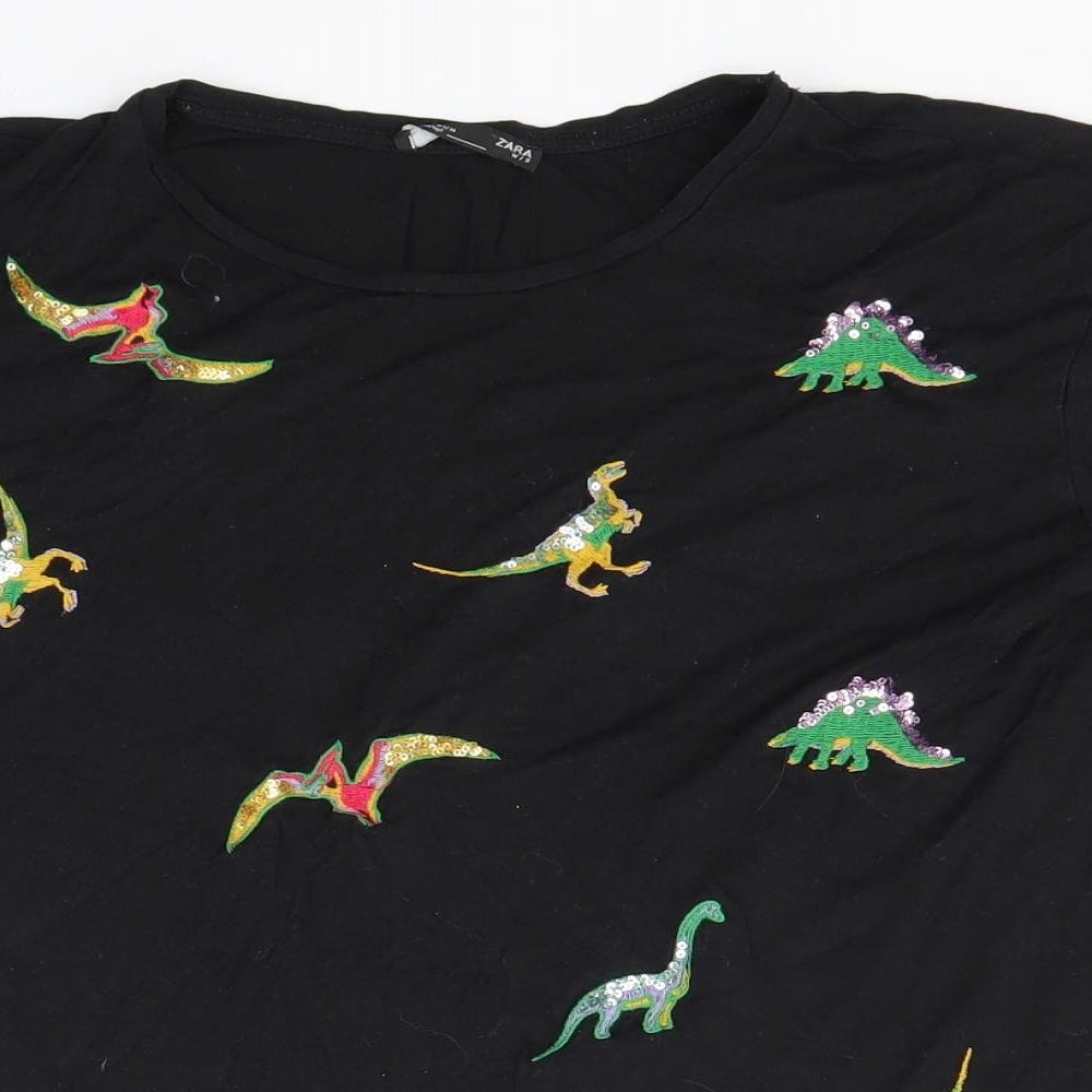 Zara Womens Black   Basic T-Shirt Size L Round Neck - Dinosaurs