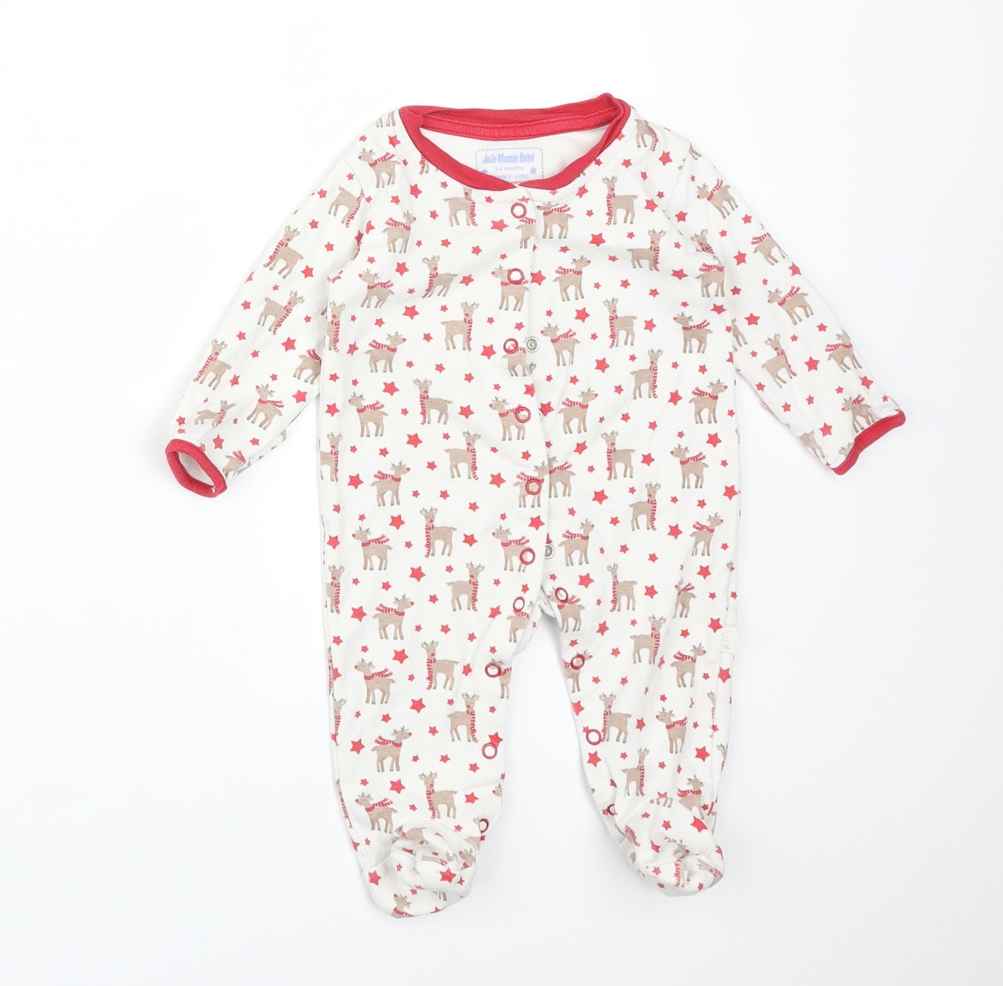 JoJo Maman Bébé Baby White  Cotton Babygrow One-Piece Size 3-6 Months   - CHRISTMAS. REINDEER
