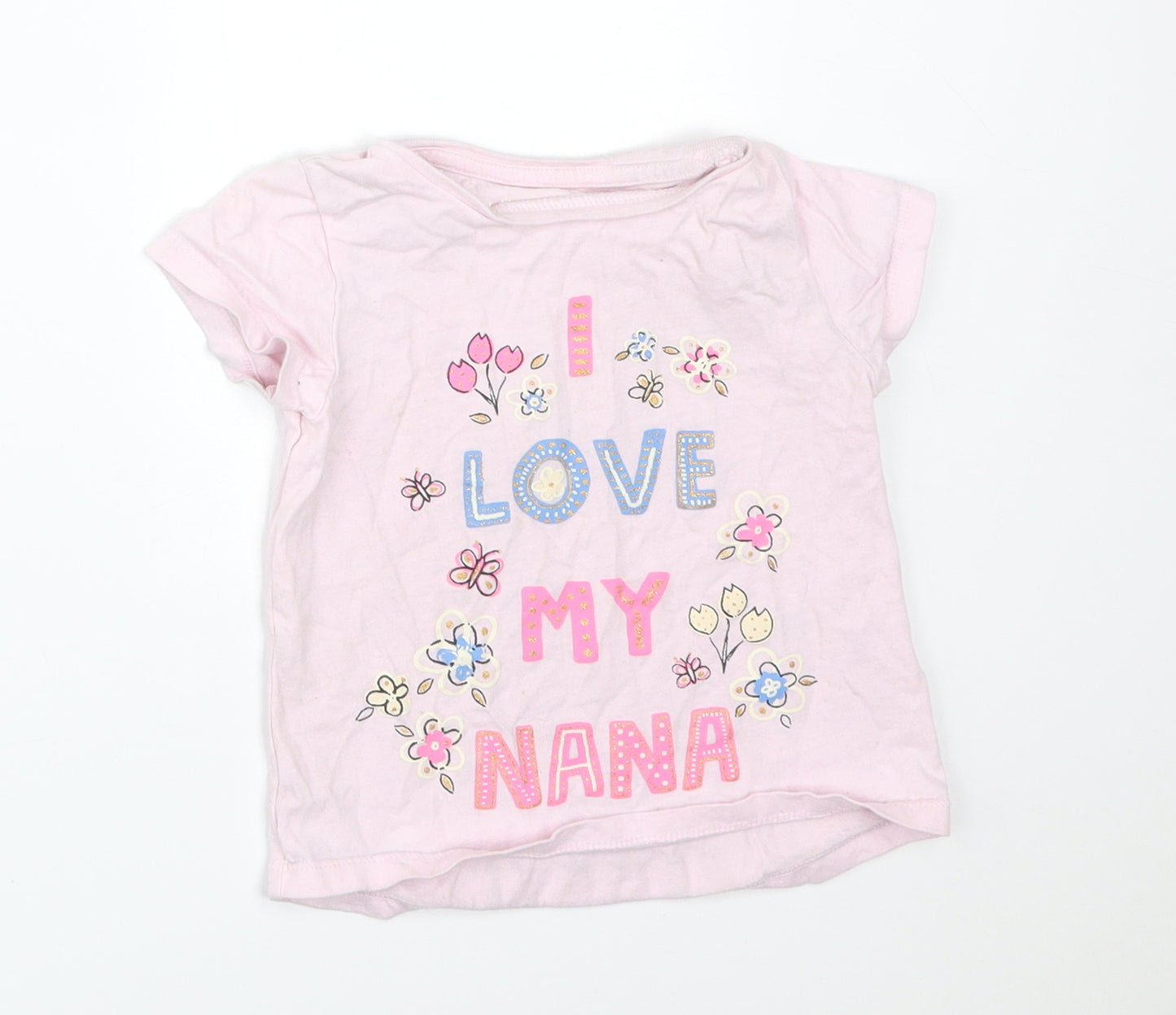Nutmeg Girls Pink Floral Cotton Basic T-Shirt Size 2-3 Years Round Neck  - I LOVE MY NANA
