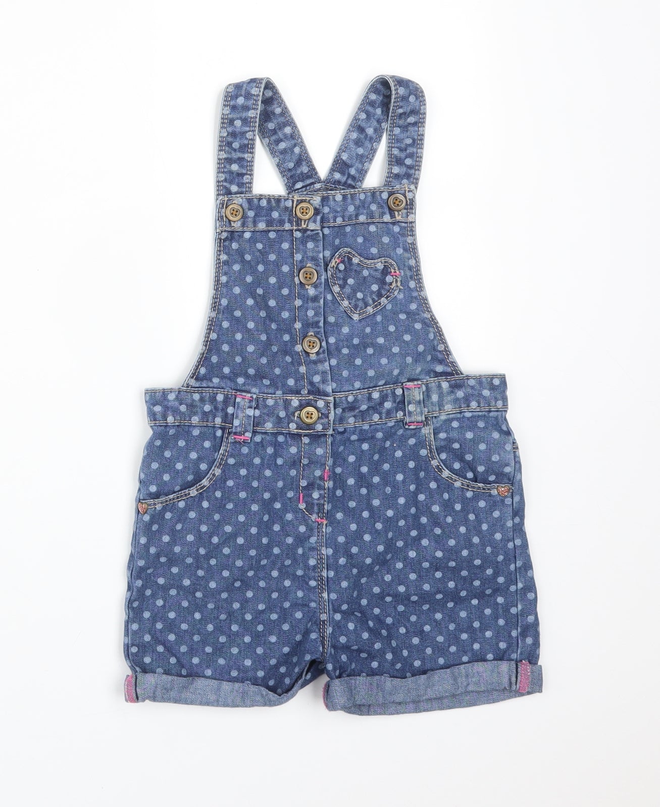 Matalan Girls Blue Polka Dot Cotton Dungaree One-Piece Size 2-3 Years