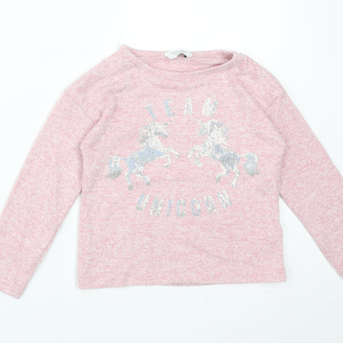Primark Girls Pink  Viscose Basic T-Shirt Size 4-5 Years Round Neck  - TEAM UNICORN