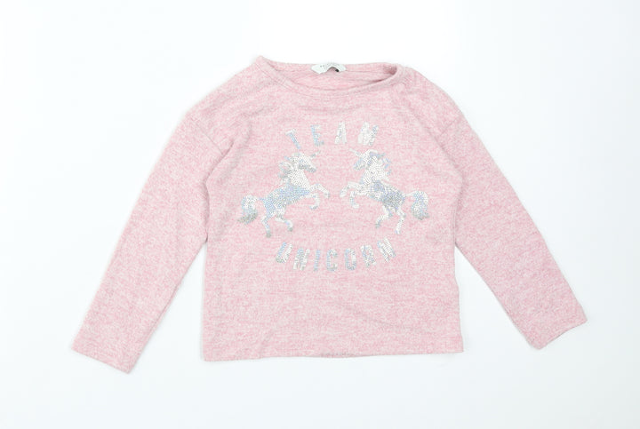 Primark Girls Pink  Viscose Basic T-Shirt Size 4-5 Years Round Neck  - TEAM UNICORN