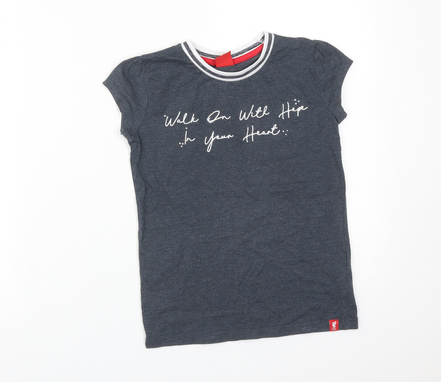 Liverpool FC Girls Grey  Cotton Basic T-Shirt Size 7-8 Years Crew Neck  - LFC. WALK ON WITH HOPE IN YOUR HEART