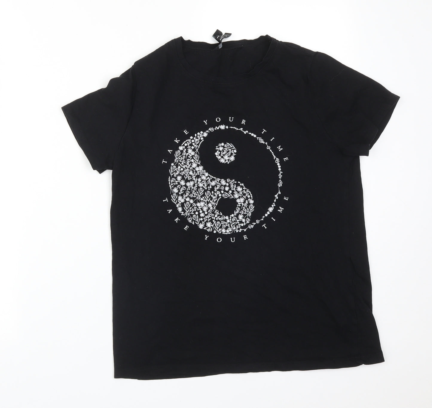 New Look Womens Black  Cotton Basic T-Shirt Size 10 Crew Neck - YING YANG. TAKE YOUR TIME