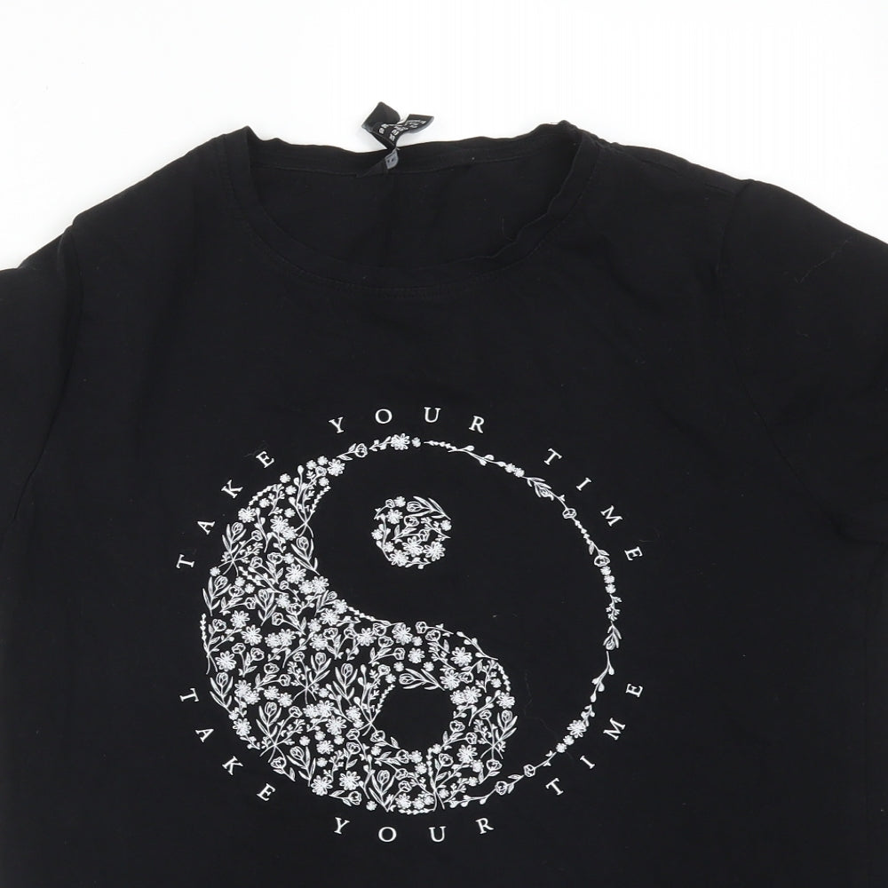 New Look Womens Black  Cotton Basic T-Shirt Size 10 Crew Neck - YING YANG. TAKE YOUR TIME