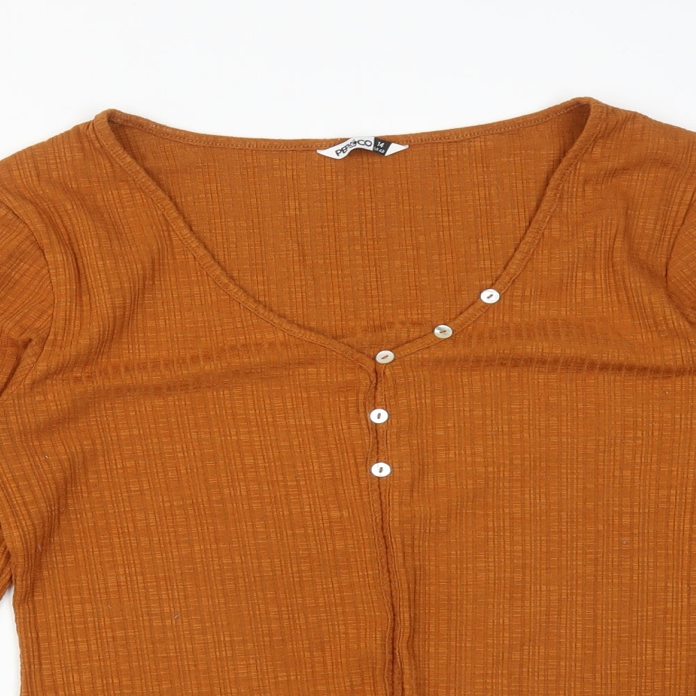 PEP&CO Womens Orange  Polyester Basic T-Shirt Size 14 V-Neck
