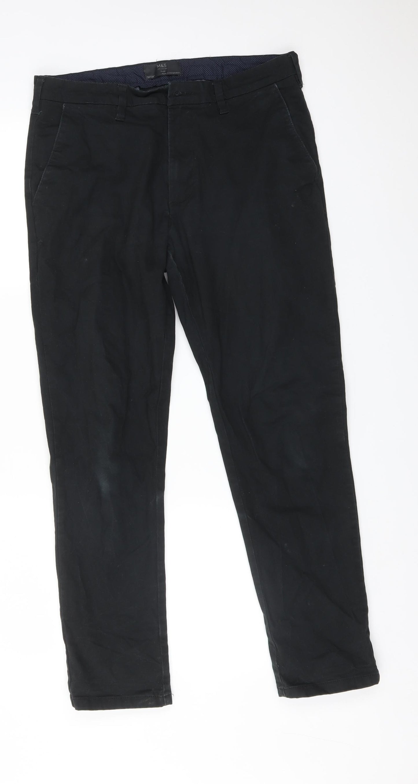 M&S Mens Black  Cotton Chino Trousers Size 32 L29 in Regular