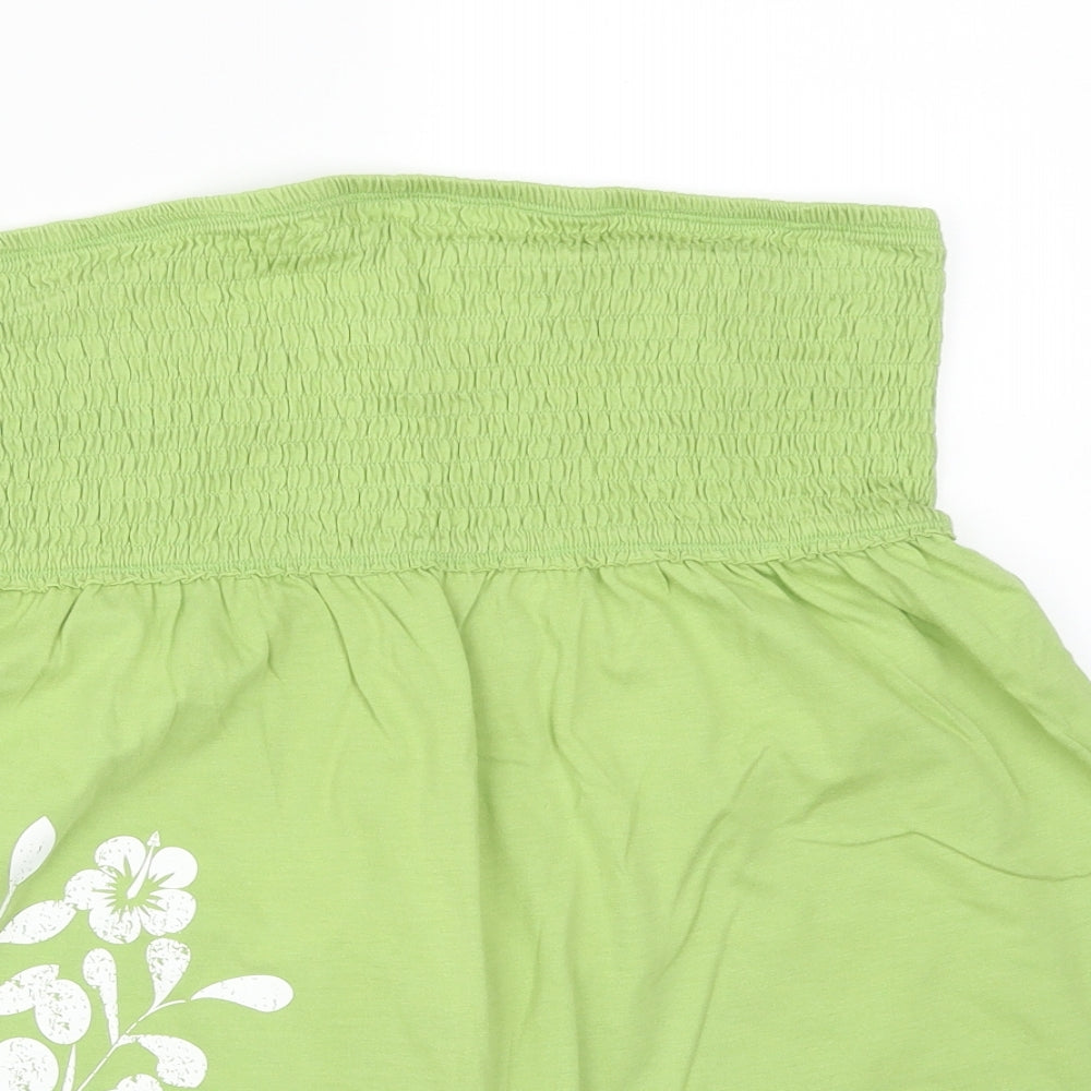 Papaya Womens Green Floral Cotton Basic T-Shirt Size 14 Off the Shoulder
