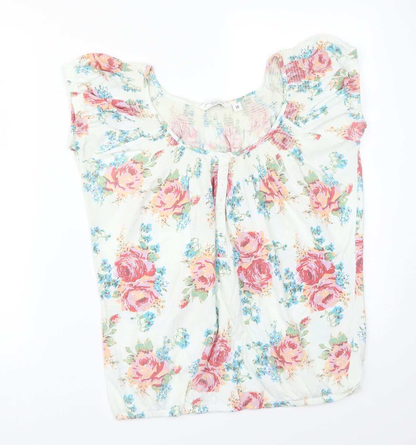 New Look Womens Multicoloured Floral Cotton Basic T-Shirt Size 14 Round Neck