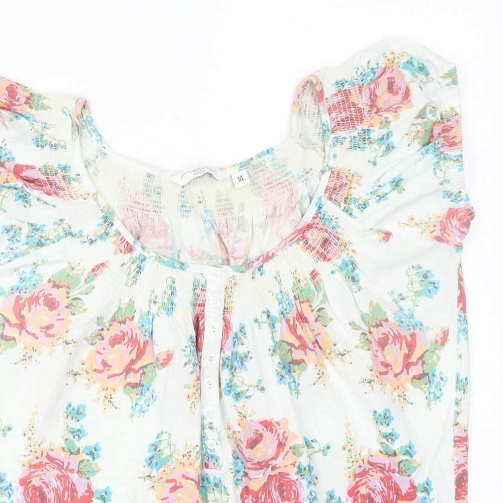 New Look Womens Multicoloured Floral Cotton Basic T-Shirt Size 14 Round Neck