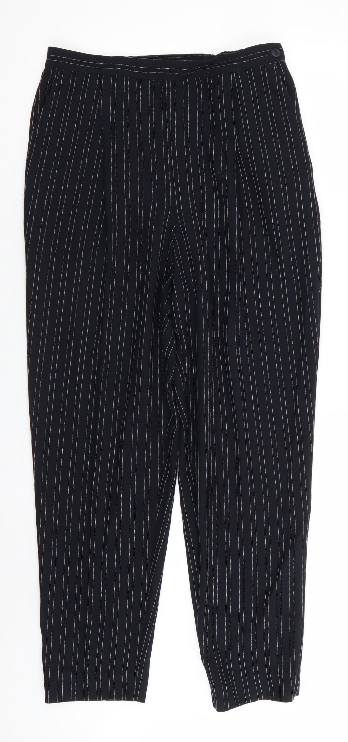 Elegance Womens Black Striped Polyester Trousers  Size 14 L29 in Regular  - Side Elastication White fine stripe