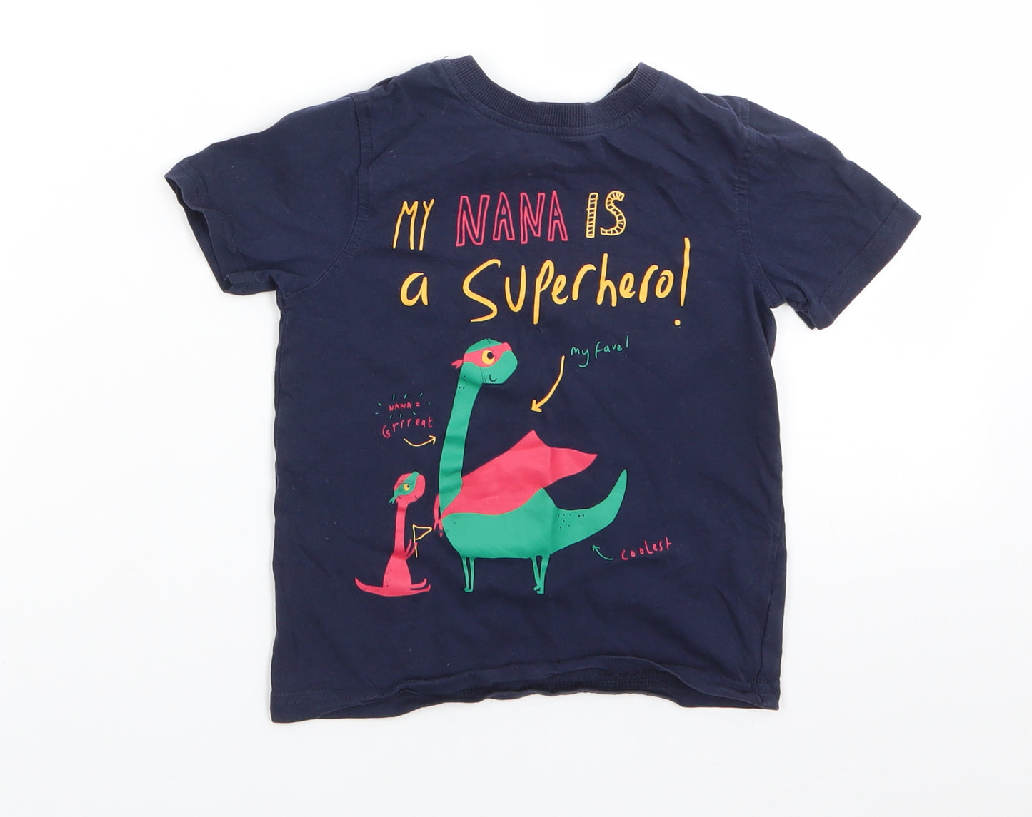 George Boys Blue Animal Print Cotton Basic T-Shirt Size 3-4 Years Round Neck  - Dinasour Navy Blue My Nana is a Superhero