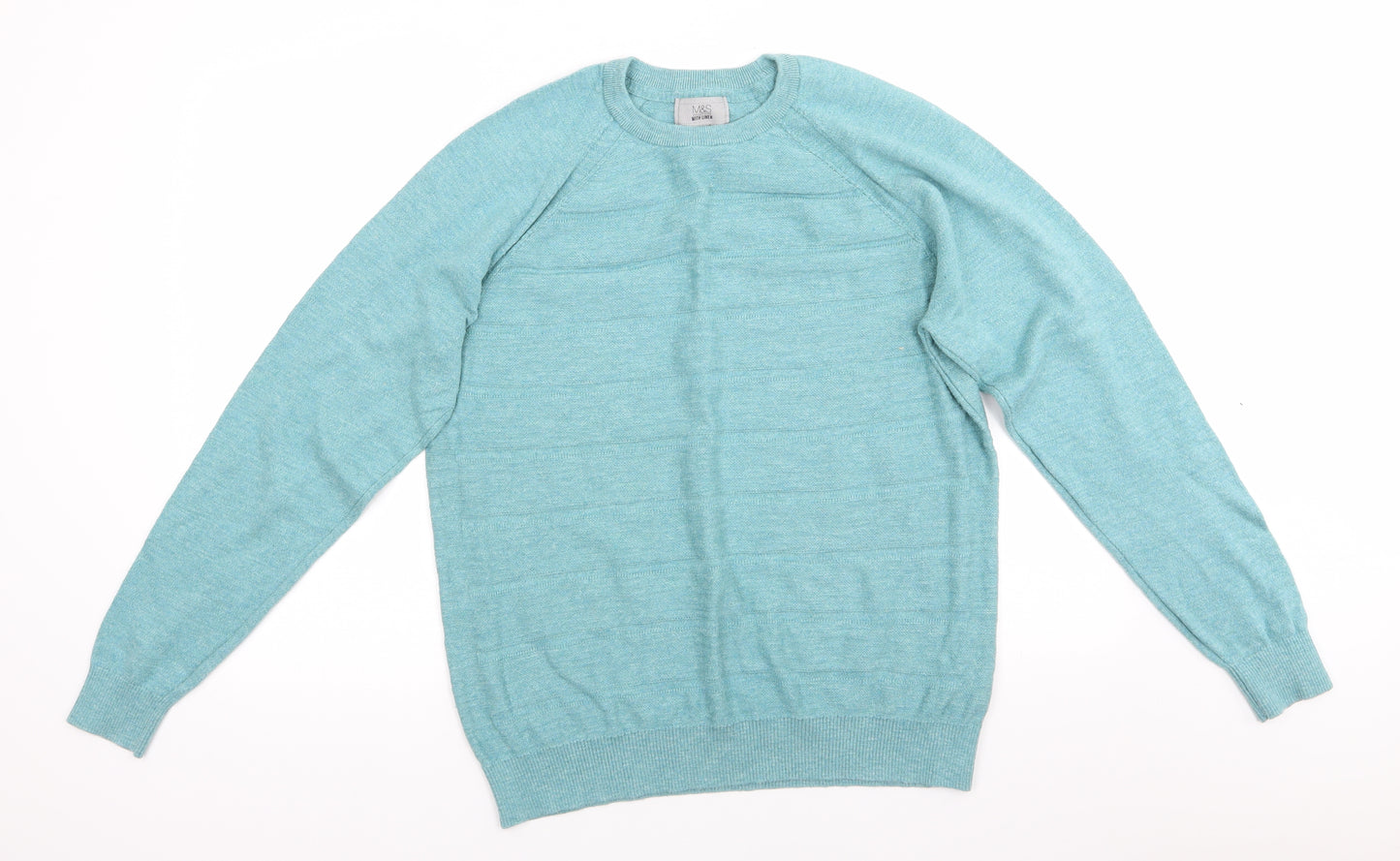 Marks and Spencer Mens Blue Round Neck  Cotton Pullover Jumper Size L   - Dull Turquoise mix