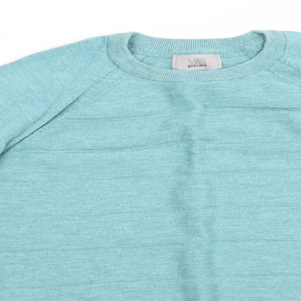 Marks and Spencer Mens Blue Round Neck  Cotton Pullover Jumper Size L   - Dull Turquoise mix