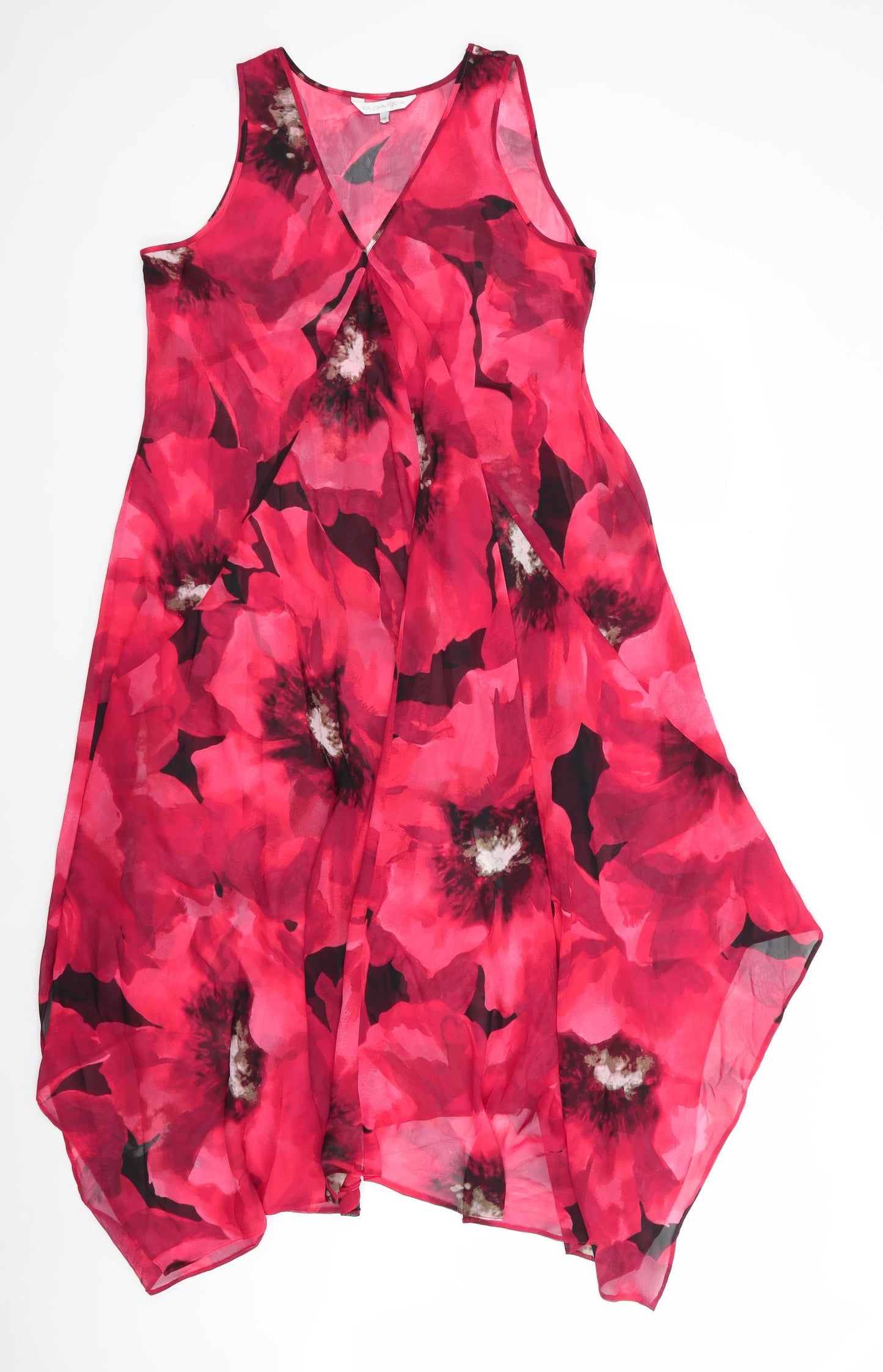 RJR John Rocha Womens Red Floral Polyester  Dress Size 14   - Abstract print Sheer fabric Subtle hankerchief hemline