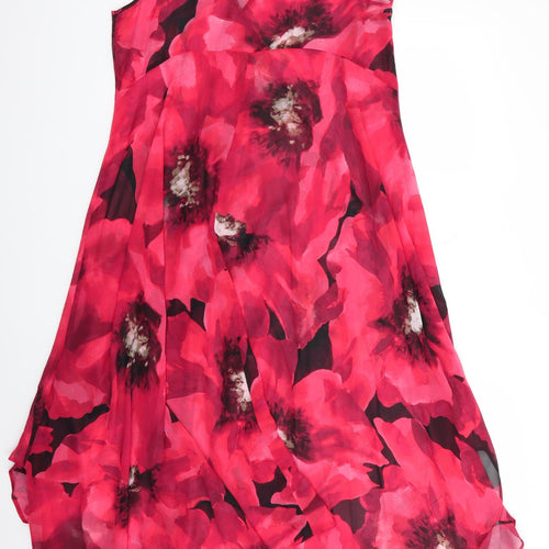 RJR John Rocha Womens Red Floral Polyester  Dress Size 14   - Abstract print Sheer fabric Subtle hankerchief hemline