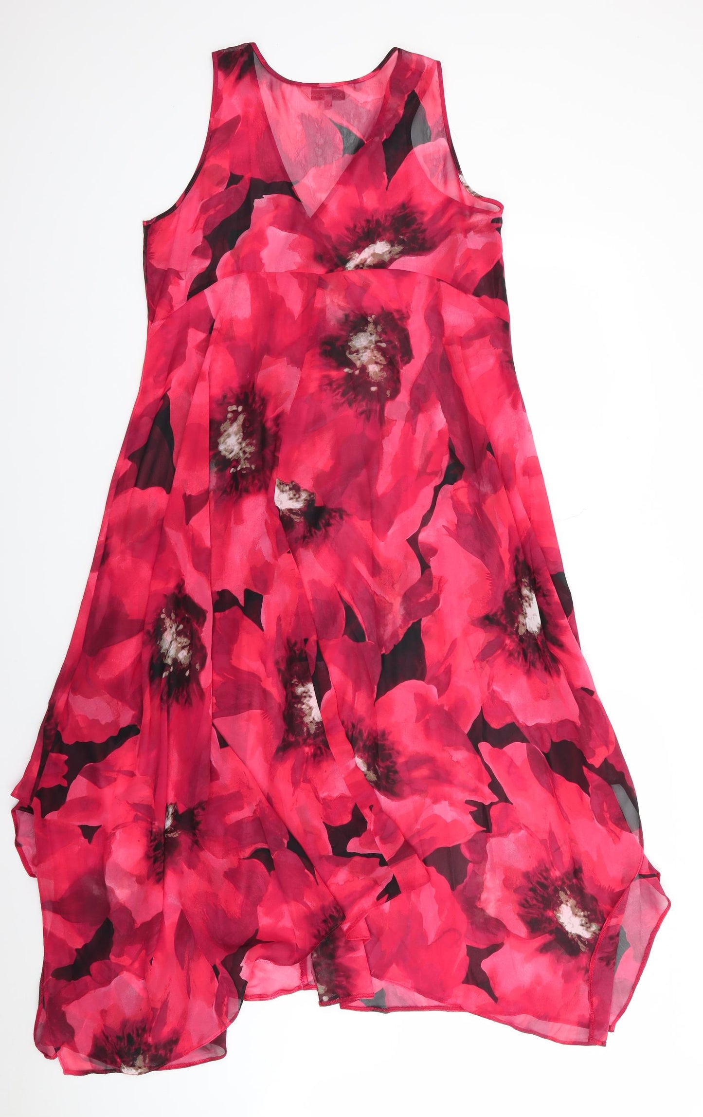 RJR John Rocha Womens Red Floral Polyester  Dress Size 14   - Abstract print Sheer fabric Subtle hankerchief hemline