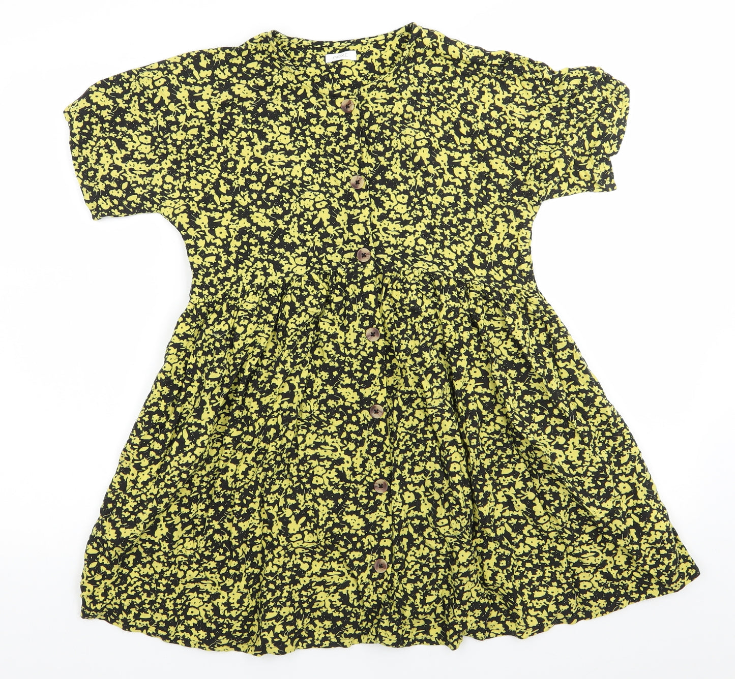 NEXT Girls Black Floral Viscose Fit & Flare  Size 10 Years  Round Neck Button - Lime Green Floral Print