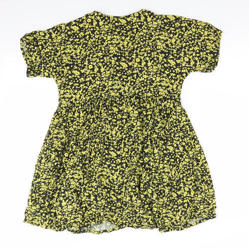 NEXT Girls Black Floral Viscose Fit & Flare  Size 10 Years  Round Neck Button - Lime Green Floral Print