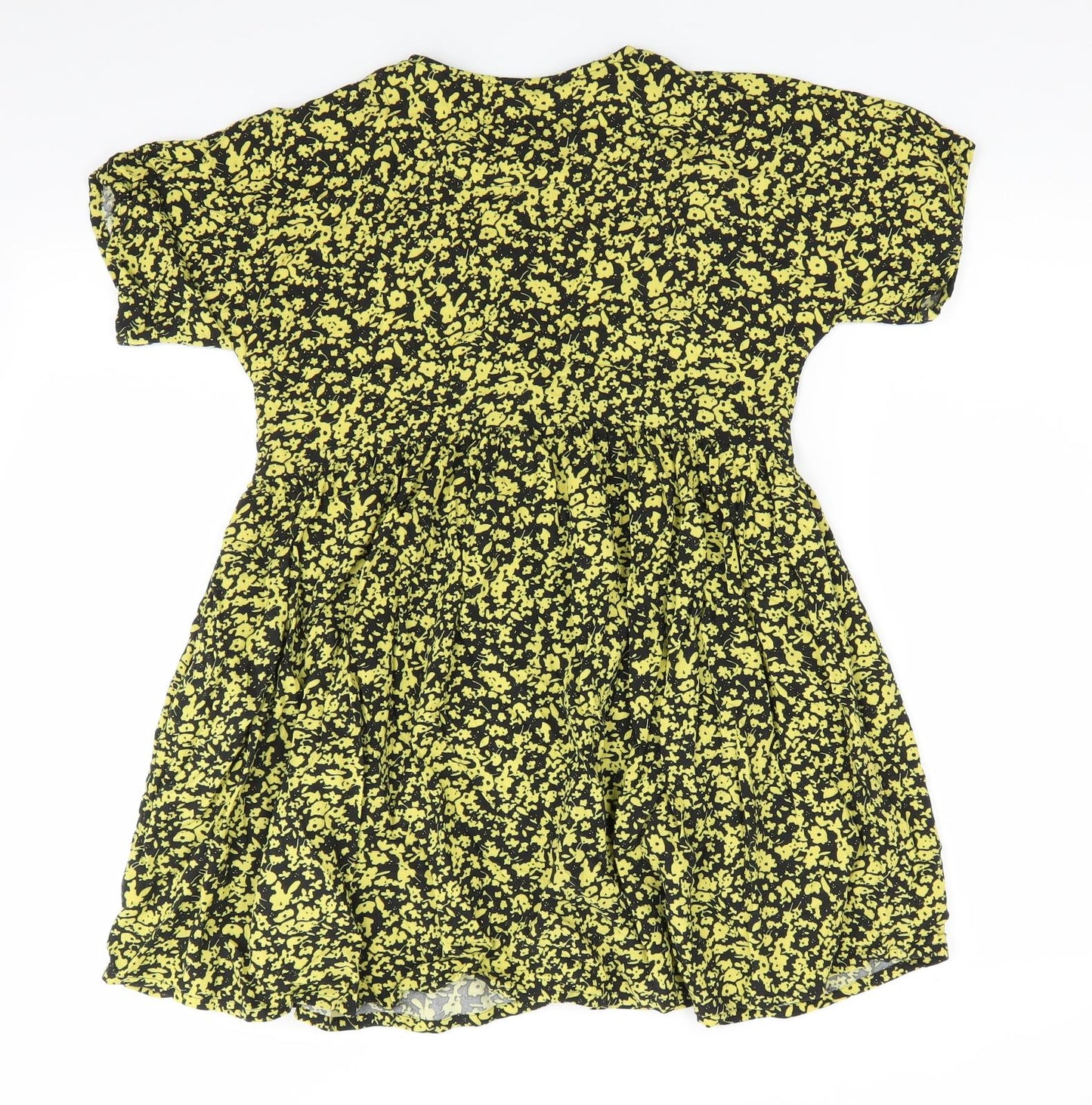 NEXT Girls Black Floral Viscose Fit & Flare  Size 10 Years  Round Neck Button - Lime Green Floral Print