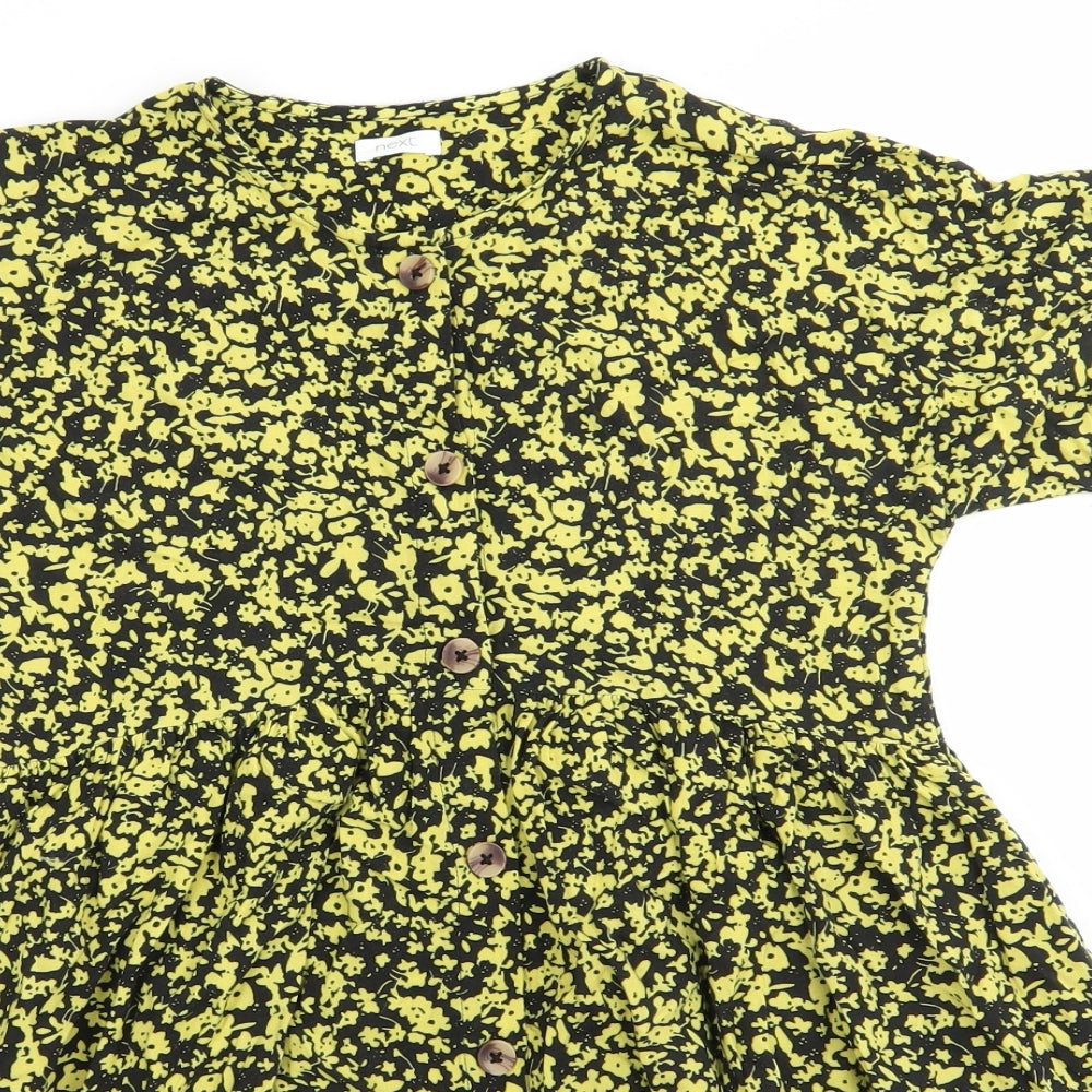 NEXT Girls Black Floral Viscose Fit & Flare  Size 10 Years  Round Neck Button - Lime Green Floral Print