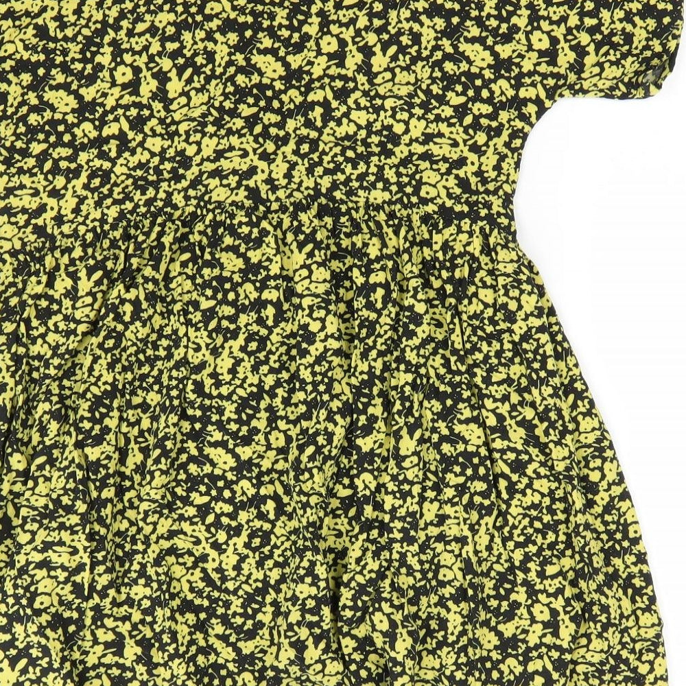NEXT Girls Black Floral Viscose Fit & Flare  Size 10 Years  Round Neck Button - Lime Green Floral Print