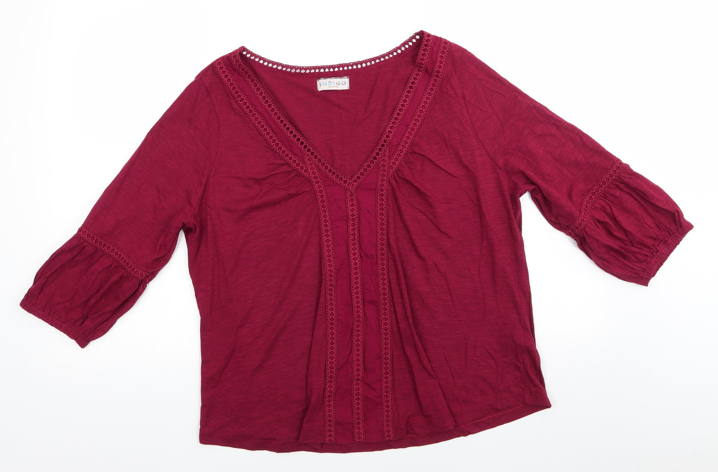 Indigo Womens Red  Cotton Tunic Blouse Size 18 V-Neck - Claret colour Detailed Trim Easticated Cuffs