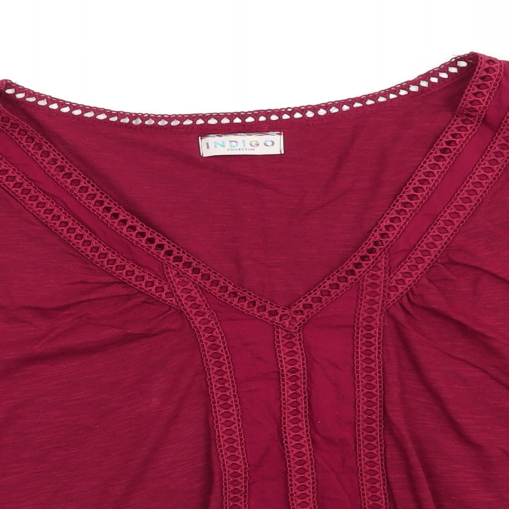 Indigo Womens Red  Cotton Tunic Blouse Size 18 V-Neck - Claret colour Detailed Trim Easticated Cuffs