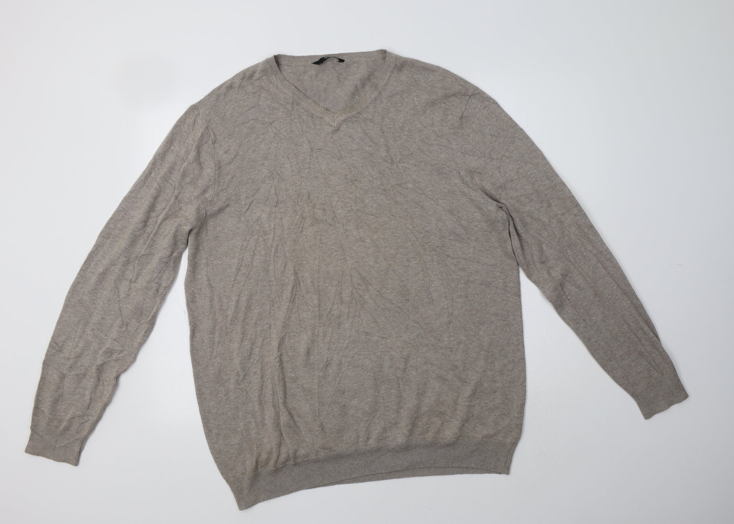 George Mens Beige V-Neck  Cotton Pullover Jumper Size XL